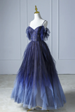 Blue beautiful gradient shiny beads spaghetti strap tulle long ball gown evening dress HZ1023