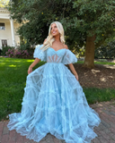 Charming A Line Off the Shoulder Blue Tulle Prom Dresses HZ1023