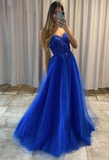 Blue A Line Tulle With Lace Sparkly Beads Long Prom Dress With Train,Party Dress,Evening HZ1023