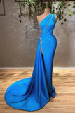 Sexy Blue One Shoulder Split Mermaid Prom Dress With Beads HZ1023