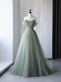 Green beautiful charming floral applique tulle long formal prom dress, evening dress, party dress HZ1023