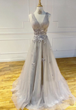 Gray tulle lace long prom dress evening dress HZ1023