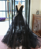 Charming Prom Dress,Black Deep V Neck Tulle Evening Dress,Ball Gown Evening Dresses,Backless Formal Evening Gowns HZ1023