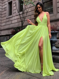 A-Line V-Neck Bright Yellow Chiffon Slip Summer Wedding Bridesmaid Dresses HZ1023