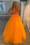 Charming Orange Lace A Line V Neck Open Back Long Prom Dresses,Orange Lace Formal Dresses HZ1023