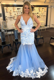 Mermaid V-Neck Lace Appliques Sky Blue Prom Dress HZ1023