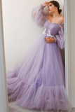 Lavender Off-the-Shoulder A-line Long Tulle Dress HZ1023