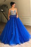 Plunging Neck Royal Blue Ball Gown Prom Dress with Beading HZ1023