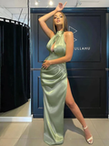 Column Minimalist Sexy Party Wear Formal Evening Dress Halter Neck Sleeveless Floor Length Charmeuse with Ruched Slit HZ1023