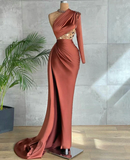 Brown fashion elegant one shoulder long evening dress prom dress HZ1023