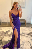 Women's Spaghetti Straps Purple Sequins Sparkly Prom Dress with Slit HZ1023