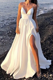 V Neck Open Back White Long Prom Dress with High Slit, V Neck White Formal Graduation Evening Dress HZ1023