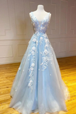 Blue V neck applique tulle lace long elegant ball gown evening dress HZ1023