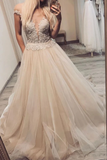 Cheap Long Prom Dresses A-line V-neck Off-Shoulder Tulle Pageant Gown HZ1023