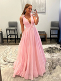 Pink v neck tulle long prom dress, pink tulle evening dress HZ1023
