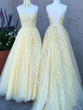 Appliqued Tulle Prom Dresses A-line Spaghetti Straps Gowns HZ1023