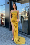 Elegant Yellow Simple Sleeveless Mermaid Prom Dress With Slit HZ1023
