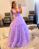 Lilac Tulle Long Tiered Prom Dresses HZ1023
