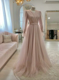 High quality pink simple elegant long sleeve tulle long evening dress, ball gown, wedding dress, wedding guest dress,gala dress HZ1023