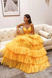 Layers Tulle Yellow Prom Dresses with Ruching Bodice HZ1023