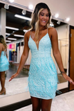 Sheath Spaghetti Straps Sky Blue Short Homecoming Dress with Tassel HZ1023