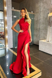 Gorgeous High Neck Red Prom Dress Side SPlit With Ruffle HZ1023