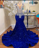 Sequin prom dress, long blue sequin dress HZ1023