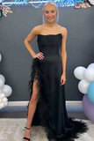 Black Strapless Pleated Satin Long Prom Gown with Feathers HZ1023