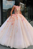 Princess Ball Gown Pink Tulle Prom Dresses with Handmade Flowers, Quinceanera Dress HZ1023