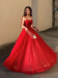 Red elegant spaghetti straps delicate floral beading long tulle formal prom dress evening gown with back corset HZ1023