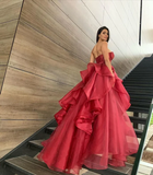Spaghetti Straps Pink Tulle Long Ball Gown HZ1023