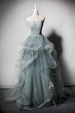 GREEN TULLE LACE LONG PROM DRESS, GREEN EVENING DRESS HZ1023