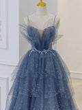 Blue gorgeous sparkling exquisite beaded long tulle ball gown evening dress with rhinestones multi-layered dress HZ1023