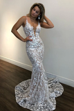 Deep V Neck Mermaid Champagne Lace Prom Dress, Mermaid Champagne Formal Dress, Champagne Lace Evening Dress HZ1023