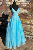 Blue Shiny A-line Long Formal Dress with Lace Up Back HZ1023