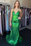 Green Sequin V-Neck Lace-Up Back Mermaid Prom Gown HZ1023