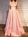 Pink Prom Dresses Straps A-line Floor-length Sexy Luxury Prom Dress HZ1023