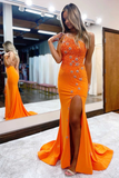 One-Shoulder Orange Beaded Stars Long Prom Dress with Slit HZ1023