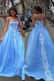 BLUE SWEETHEART NECK SATIN LACE LONG PROM DRESS BLUE FORMAL DRESS HZ1023