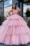Charming Ball Gown Tulle Pink One Shoulder Long Prom Dresses, Quinceanera Dresses HZ1023