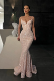 Gorgeous Spaghetti-straps Sequins Prom Dress Mermaid Sleeveless HZ1023