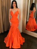 Orange V Neck Mermaid Satin Long Prom Dresses, Mermaid Orange Formal Dresses, Orange Evening Dresses HZ1023