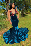 Mermaid Deep V Neck Backless Embroidery Blue Prom Dress HZ1023
