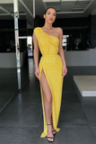 Amazing Yellow One Shoulder Sequins evening Dress Mermaid With Slit HZ1023