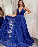 A Line Sweetheart Lace Sweetheart Royal Blue Long Prom Dresses HZ1023