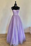Spaghetti Straps Sparkly Lilac A Line Prom Dresses Sequin Evening Dress HZ1023