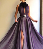 Pretty Halter Long Front Split Purple Prom Dress With Handmade Flower HZ1023