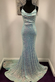 Mermaid Light Blue Sequin Long Prom Dress with Cowl Neck HZ1023