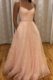 Sparkly Pink Prom Dresses Long A-line Backless Formal Gown With Pocket HZ1023