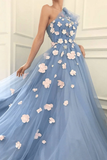 Charming One Shoulder Blue Tulle 3D Flowers Prom Dresses, Long Cheap Dance Dresses HZ1023